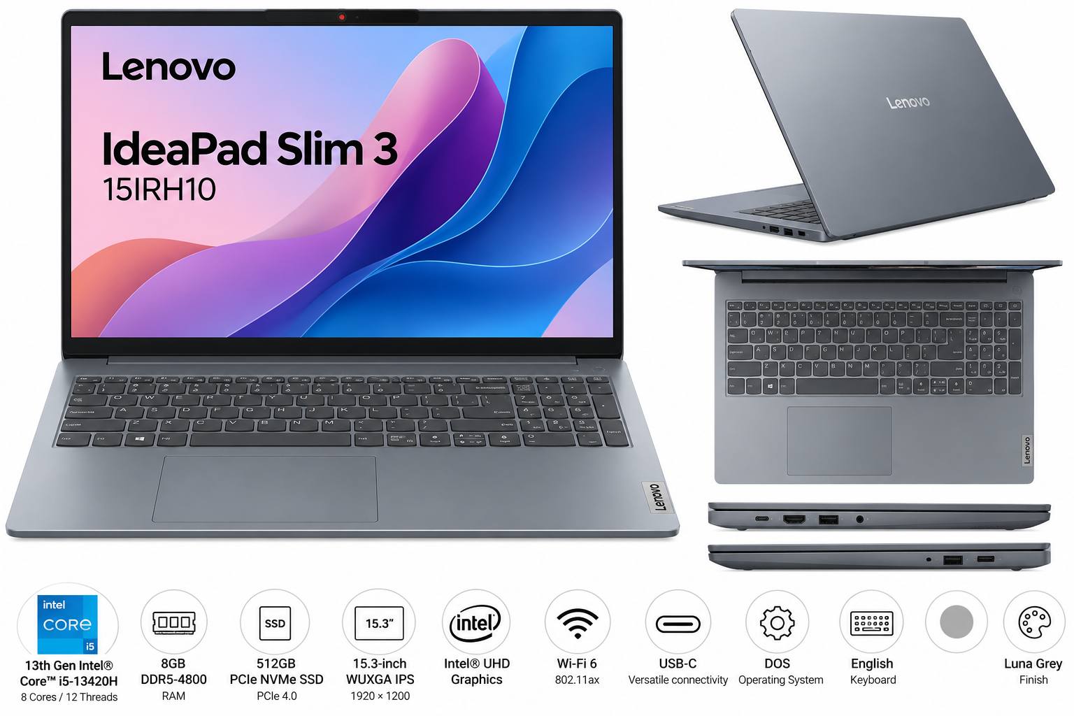 Lenovo IdeaPad Slim 3 15IRH10 83K100P3FU 15.3-Inch WUXGA Laptop – Intel Core i5-13420H, 8GB DDR5, 512GB SSD, Intel UHD Graphics, DOS, English Keyboard, Luna Grey